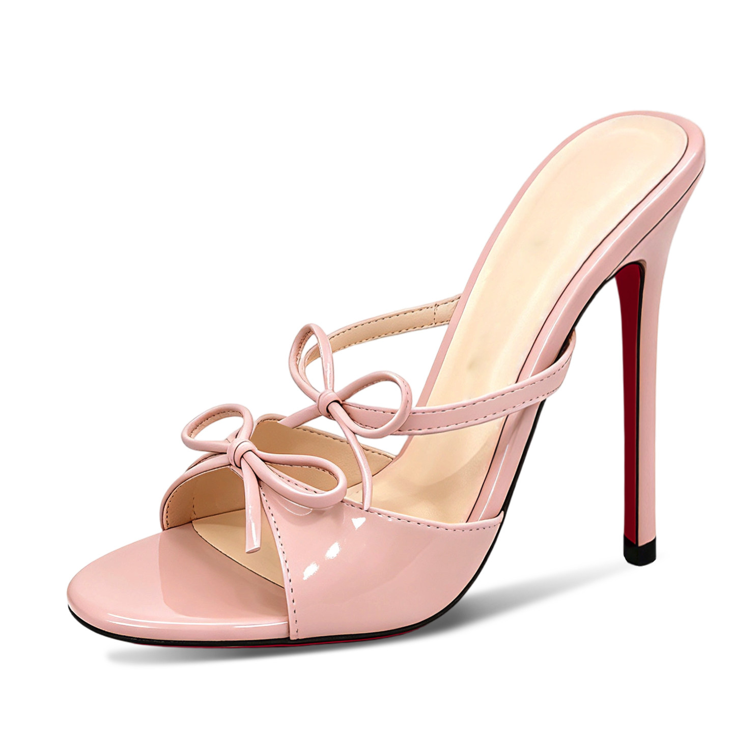 新款裸色一字带蝴蝶结凉鞋女夏季法式圆头露趾红底高跟鞋细跟凉拖