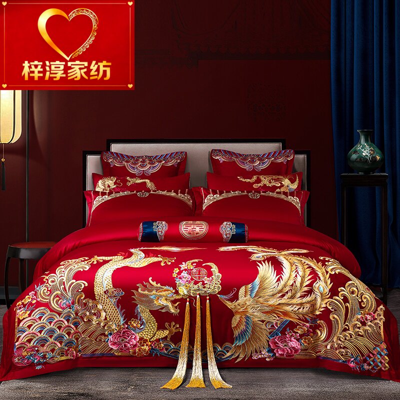 新婚庆四件套全棉刺绣大红色结婚龙凤六八十件套100%纯棉床上用品