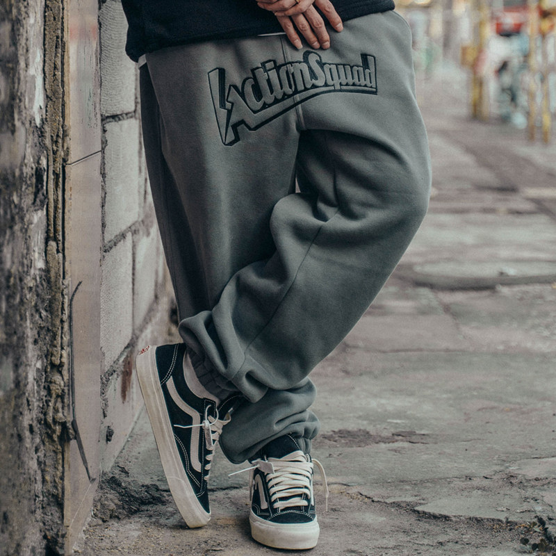 ACTIONS嘻哈潮牌字母刺绣运动休闲百搭宽松加绒保暖束脚长裤卫裤