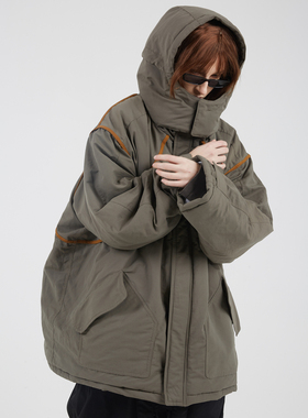 ERROR CODE男女情侣复古潮牌休闲百搭连帽中长款防风保暖棉服外套