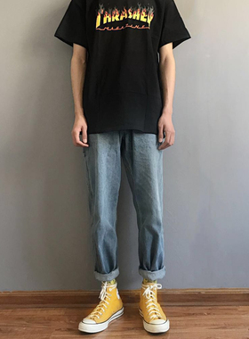 DRINTO男女复古潮牌松紧腰水洗牛仔裤情侣百搭休闲长裤哈伦直筒裤