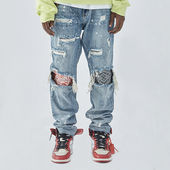 嘻哈街舞潮牌F2CE男女情侣做旧水洗贴布破洞直筒牛仔裤 百搭休闲裤