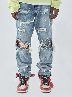 嘻哈街舞潮牌F2CE男女情侣做旧水洗贴布破洞直筒牛仔裤百搭休闲裤