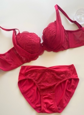 水滴半球圆锥薄杯内衣套装收副乳大钢圈657075BCDEF本命年大红