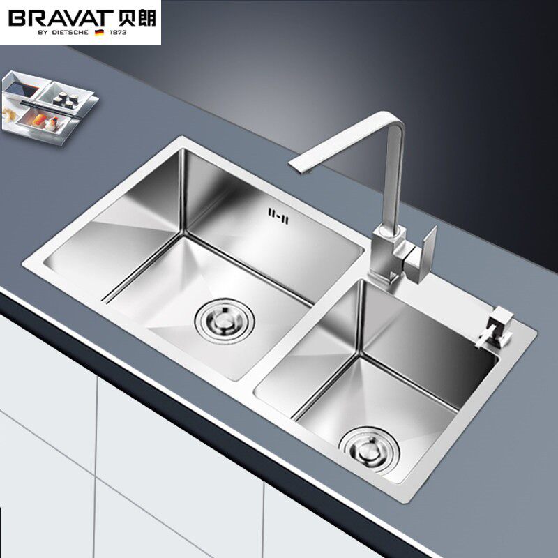 贝朗德国 加厚手工水槽双槽不锈钢水槽厨房洗菜盆洗碗池套餐台下