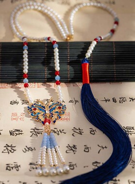 蓝色复古古风蝴蝶长流苏璎珞项链