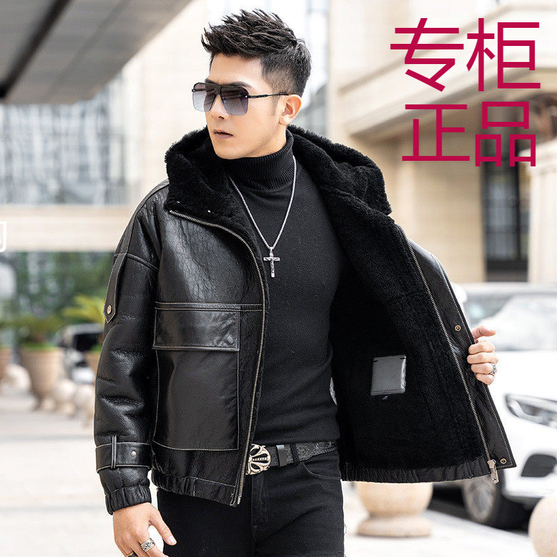 进口原生态皮毛一体男真皮皮衣短款连帽夹克冬季新款宽松皮草外套
