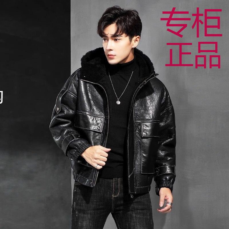 进口原生态皮毛一体男真皮皮衣短款连帽夹克冬季新款宽松皮草外套