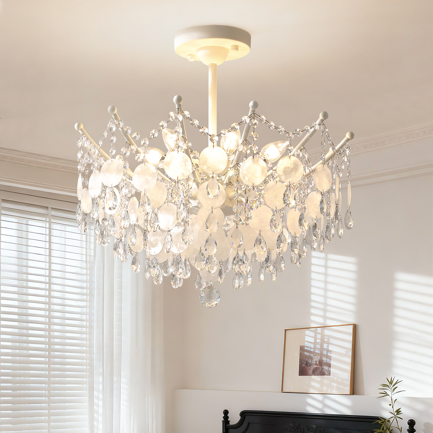 法式中古风客厅吊灯复古高级感餐厅灯vintag奶油风贝壳水晶卧室灯