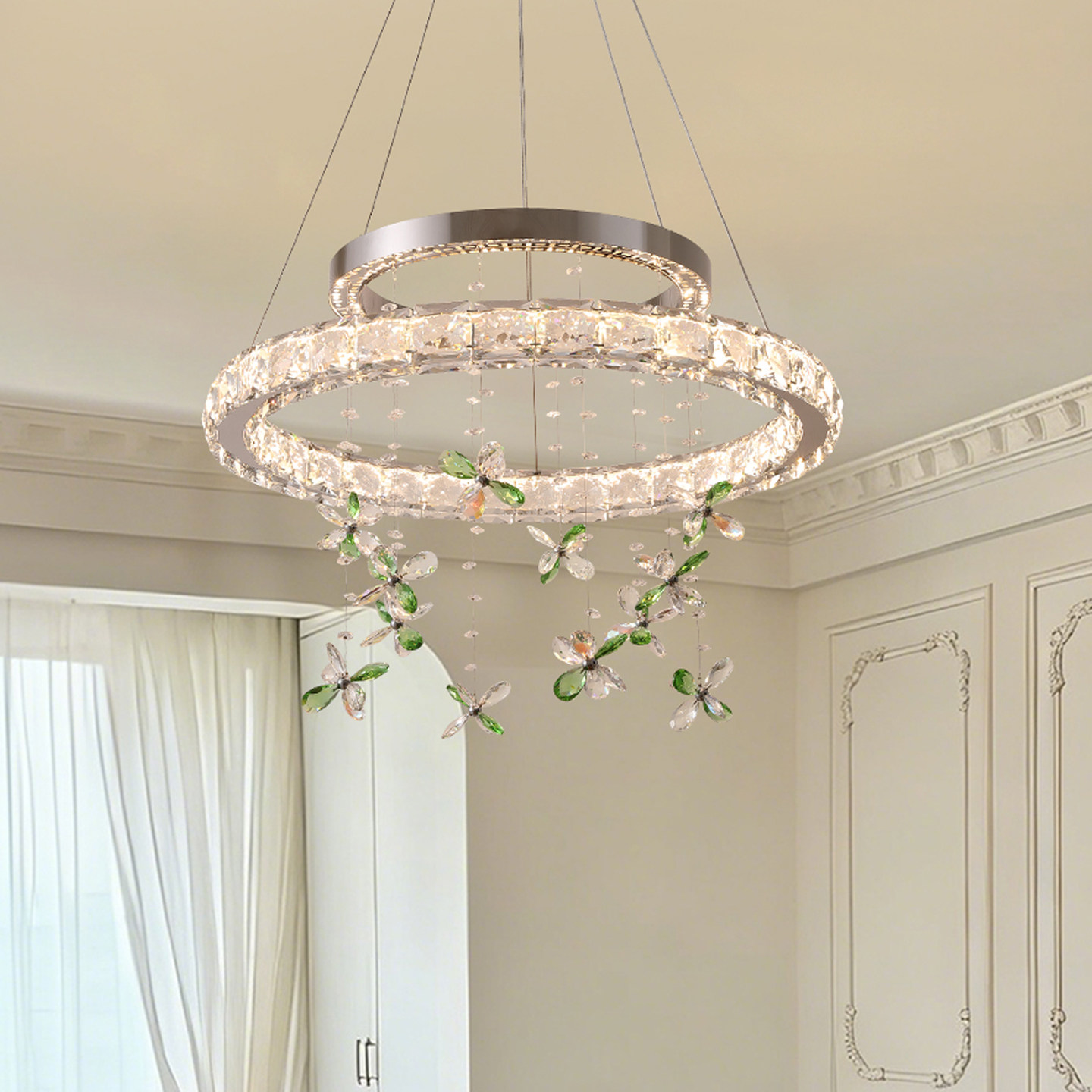 法式轻奢水晶吊灯客厅主灯圆环花朵艺术灯具卧室中古风别墅高级感