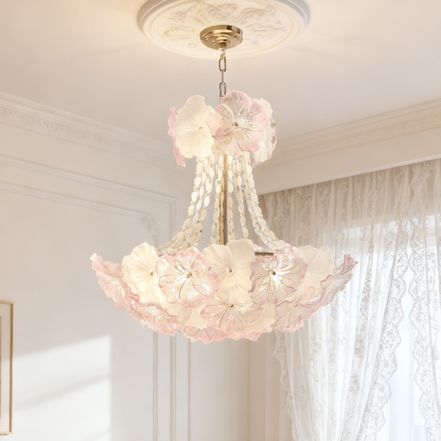 法式轻奢吊灯卧室灯高级感别墅新款水晶粉色花朵客厅灯主卧房间灯