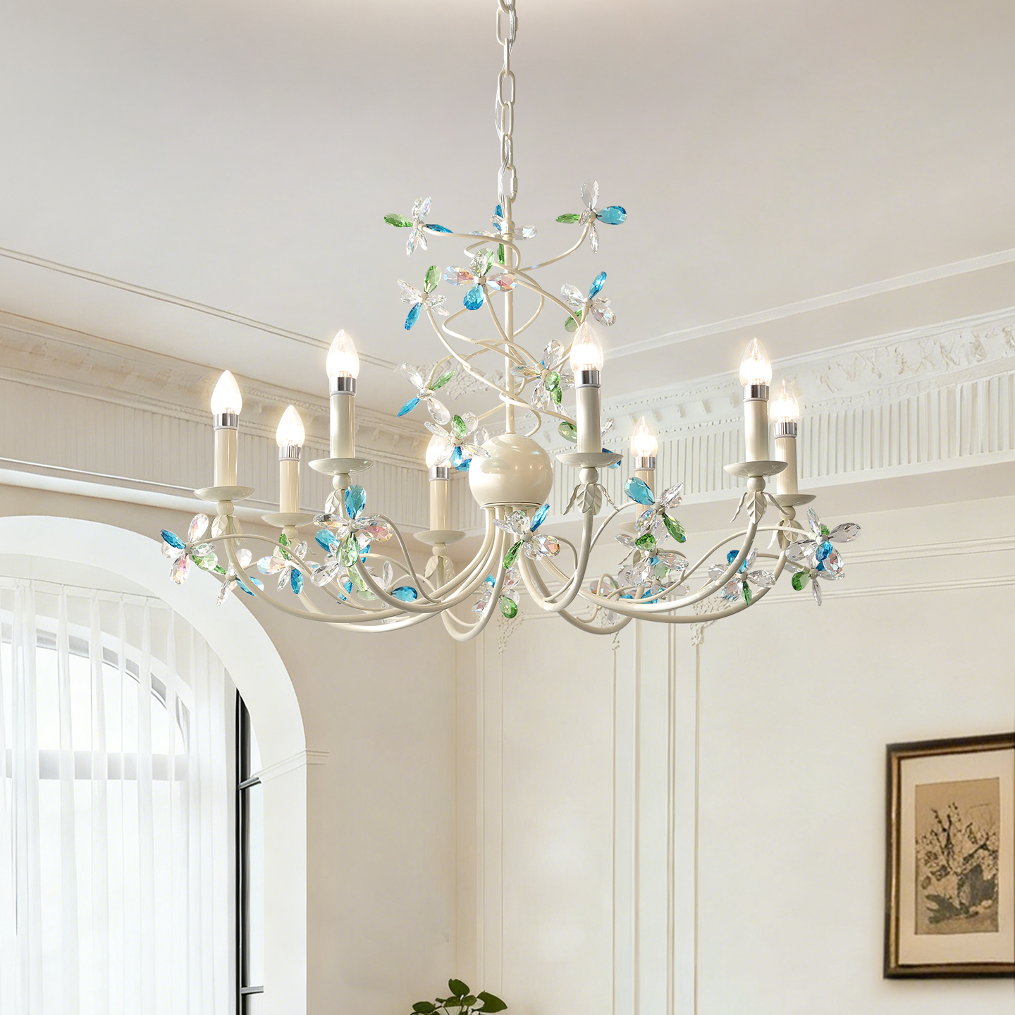 美式复古轻奢水晶吊灯客厅灯卧室别墅蜡烛灯法式田园风彩色花朵灯