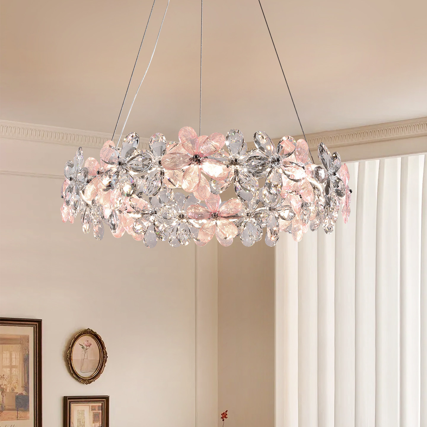 法式水晶花朵吊灯轻奢卧室主灯氛围感粉色透明灯具新款现代浪漫灯,家装灯饰光源,卧室/书房吊灯,淘宝优惠券,粉丝福利购,淘宝优惠卷