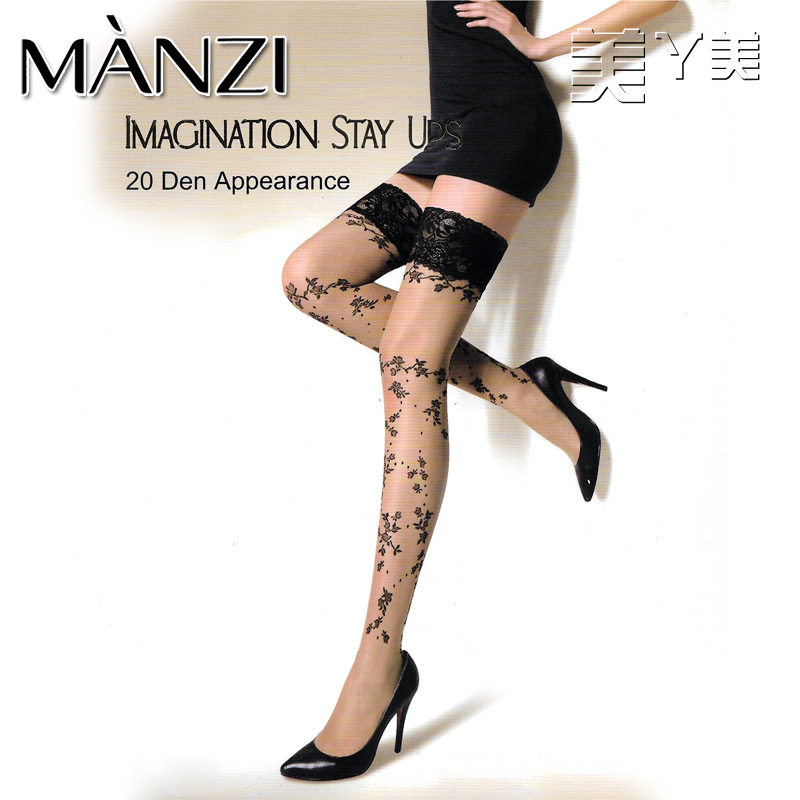 美丫美 Manzi曼姿20D蔷薇花语双色蕾丝边长统袜防滑硅胶高筒袜