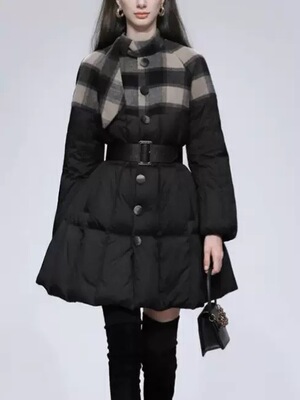 2025新款羽绒服女中长款过膝加厚保暖宽松外套收腰显瘦格子