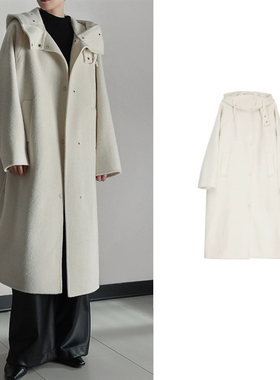 之某禾同款羊毛呢大衣连帽外套廓形开衩气质韩版25秋冬白色大衣女