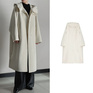 之某禾同款羊毛呢大衣连帽外套廓形开衩气质韩版25秋冬白色大衣女
