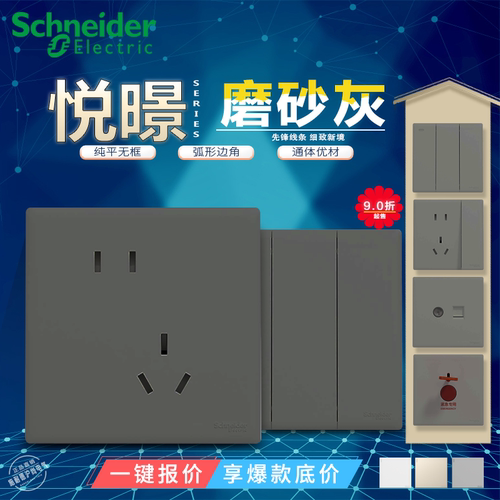施耐德悦璟磨砂灰色五孔开关插座