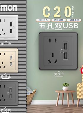 西蒙C20系列五孔二三插带双USB手机充电插座 86型二位USB五孔插座
