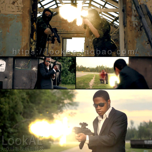 视频+音效素材：动作枪战电影开枪火花爆炸飙血特效合成素材