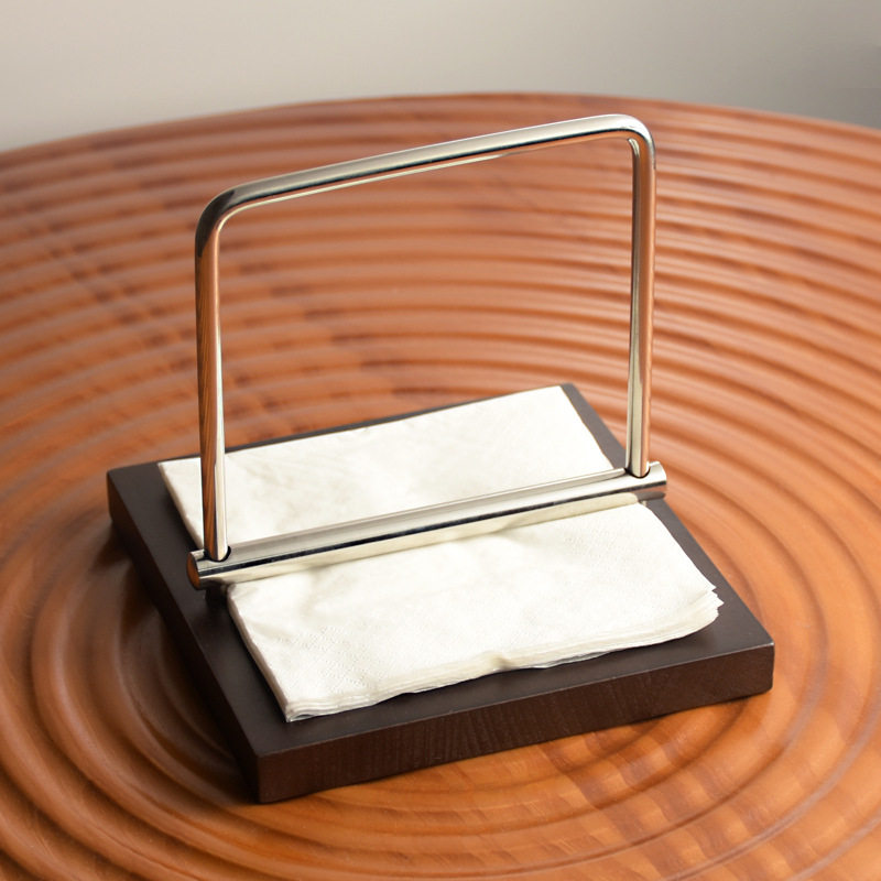 简约不锈钢木座餐巾架纸巾收纳托立式方形架餐厅家用酒吧纸巾座
