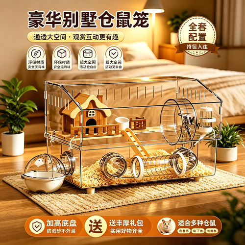亚克力双层全景透明金丝熊大空间造景饲养箱家用高颜值管道相亲笼