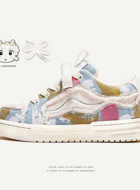 贺岁版原创牛仔涂鸦国潮情侣鞋子男潮鞋厚底板鞋街头面包鞋男女鞋