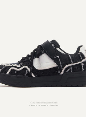 广州鞋星星美式街头增高耐磨防滑魔术贴牛仔情侣款休闲百搭板鞋