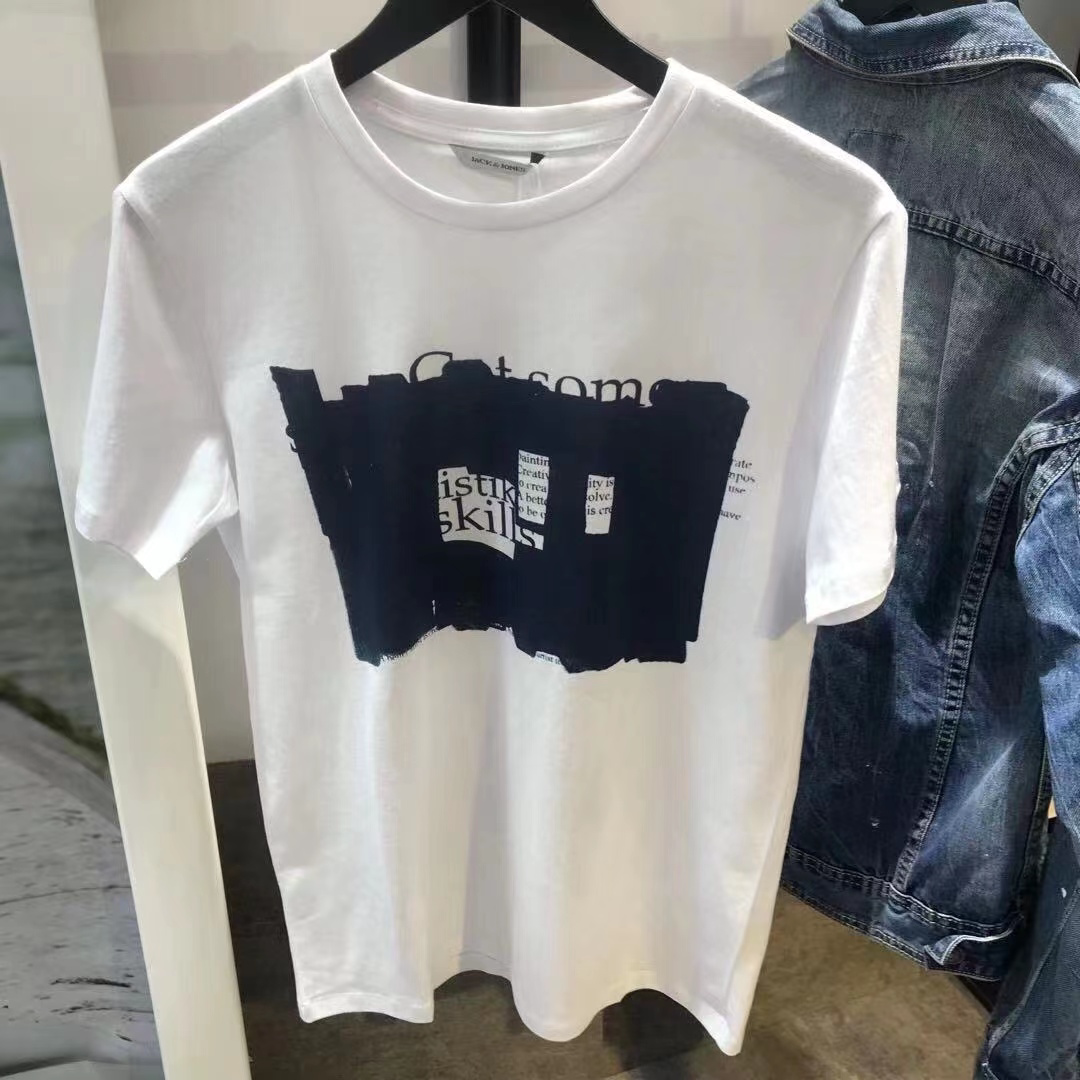 jackjones杰克琼斯白色纯棉舒适圆领印花短袖t恤韩版潮修身半袖