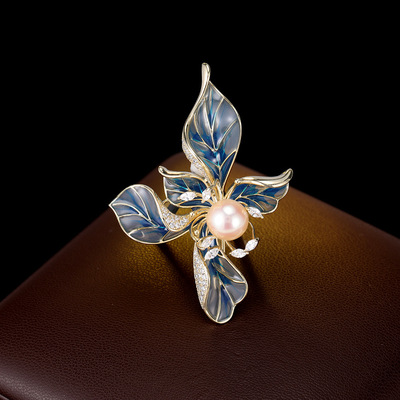 国风复古鸢尾花滴油胸针女天然淡水珍珠高档精致优雅西装旗袍配饰