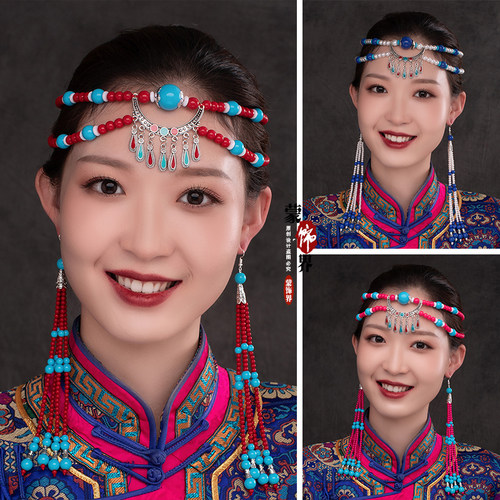 蒙古族串珠珠头饰民族风耳环女可调节舞蹈演出蒙古袍发饰头带耳坠