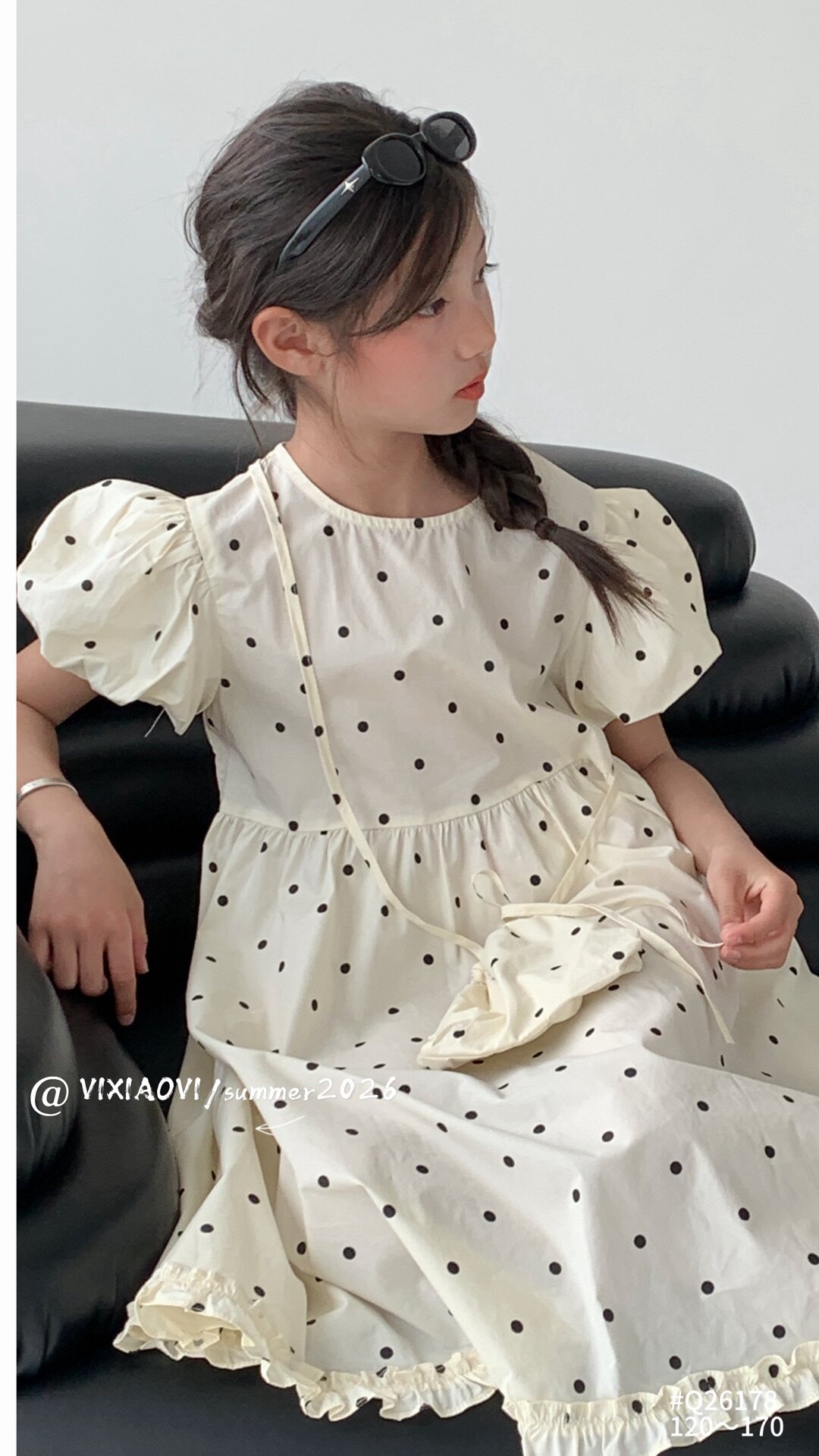 2026春季新款女童裙子点点泡泡袖系带连衣裙公主裙棉布大童女童
