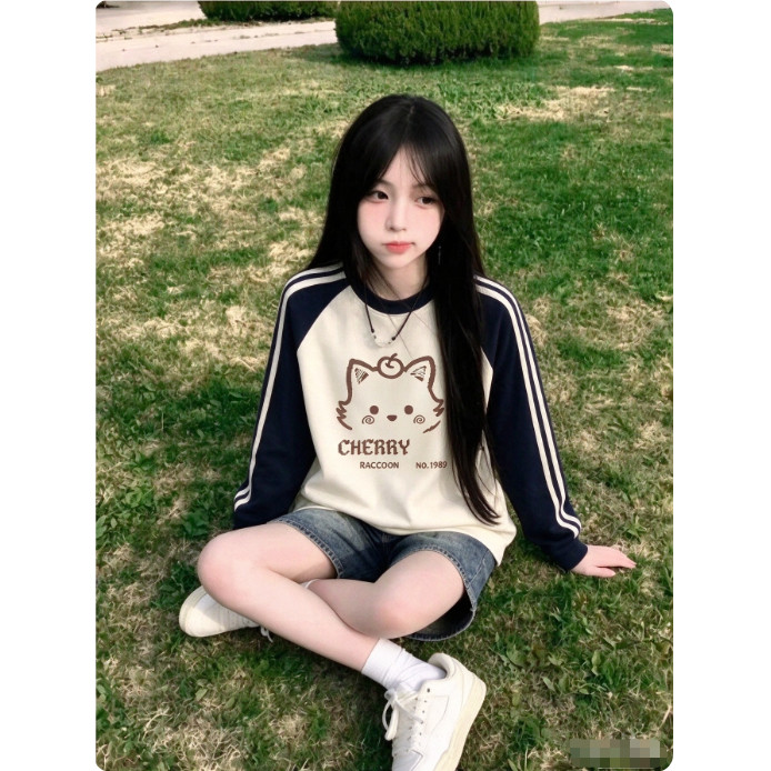 美式三条杠撞色插肩长袖T恤女大童春秋初中高中学生宽松打底上衣