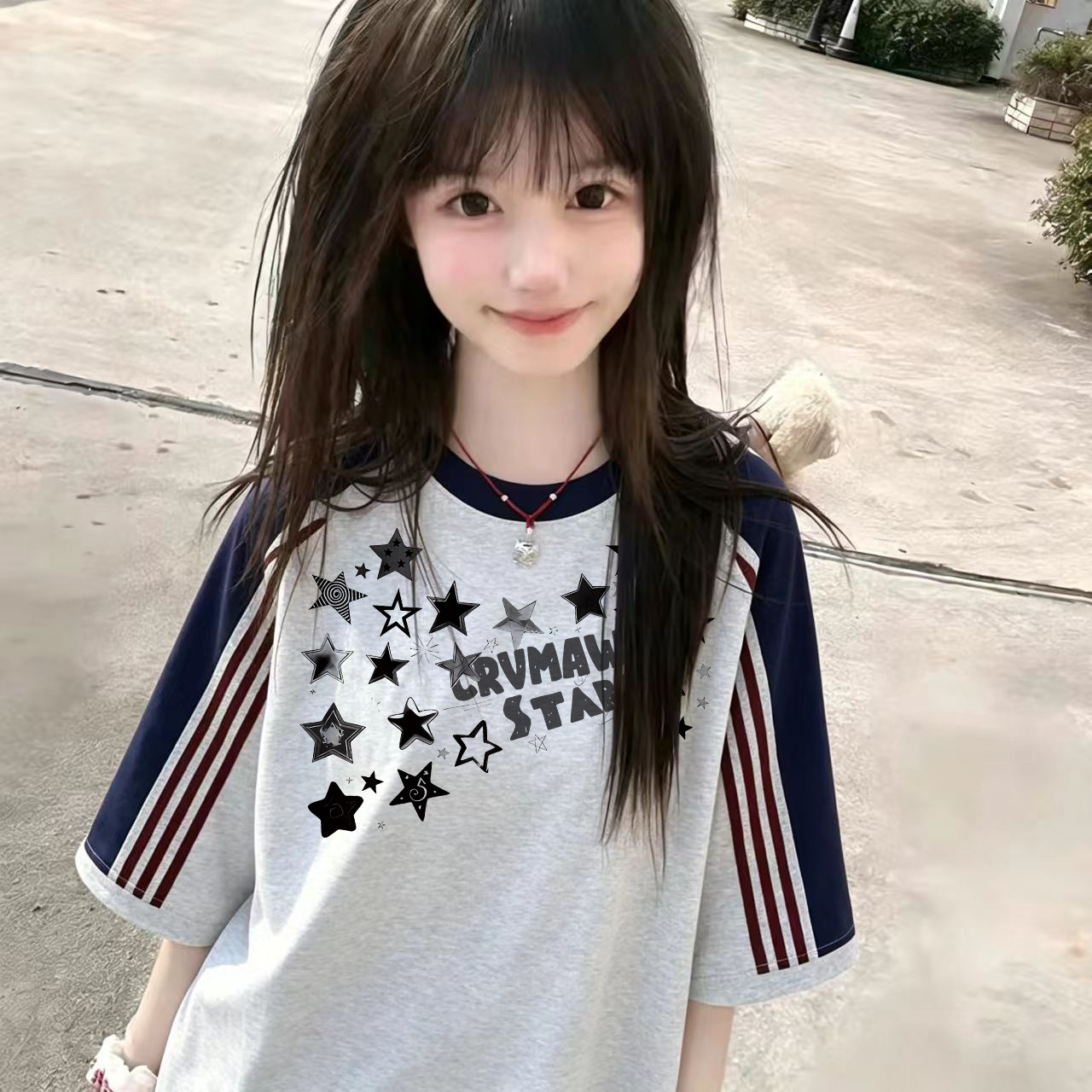美式三条杠插肩短袖T恤女大童夏季2026初中高中学生半袖宽松上衣