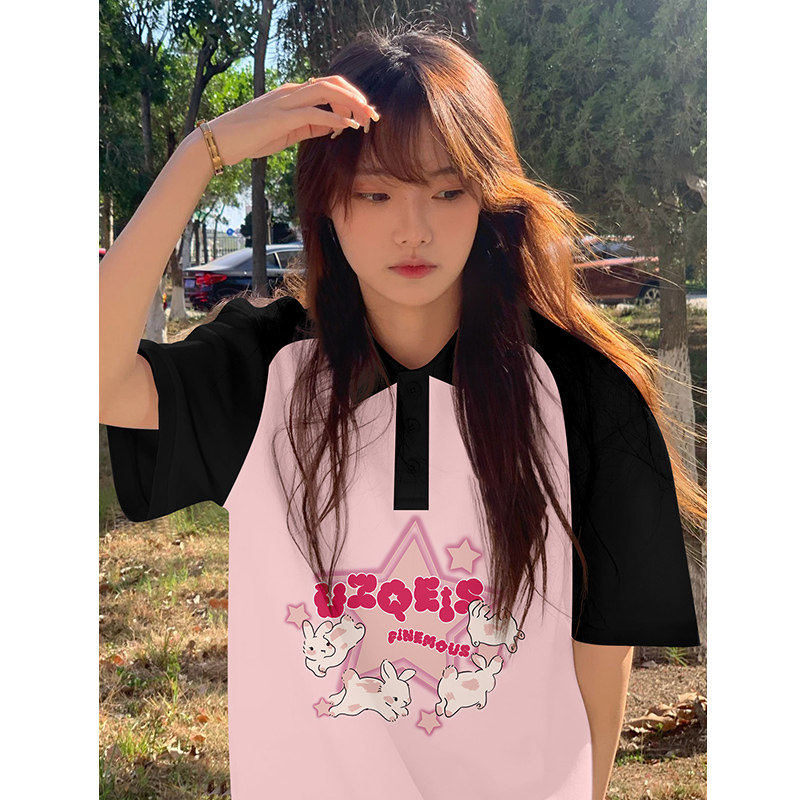 初中生撞色Polo领夏季短袖T恤女