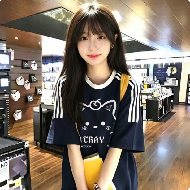 撞色纯棉三条杠短袖T恤女大童夏季2026初中高中学生宽松落肩上衣