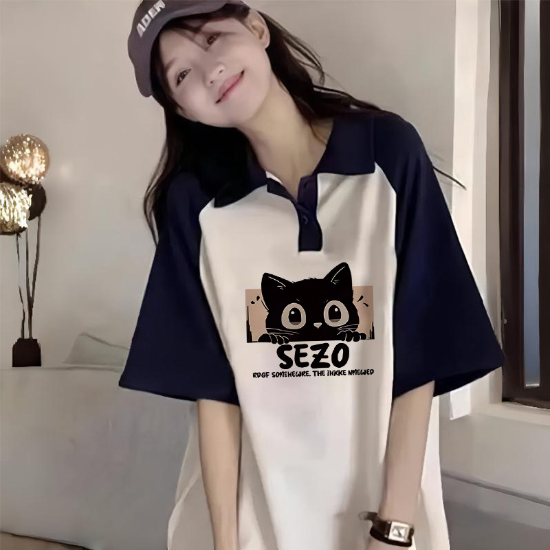 美式纯棉Polo领短袖T恤夏季初中女孩高中学生插肩袖宽松半袖上衣