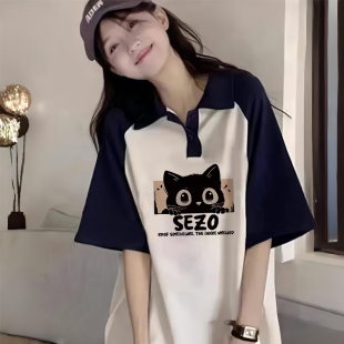 宽松半袖 美式 初中女孩高中学生插肩袖 T恤夏季 上衣 纯棉Polo领短袖
