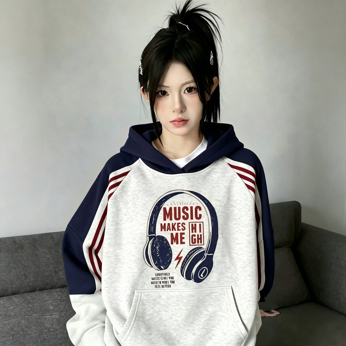 美式潮牌拼色插肩连帽卫衣女大童2026秋冬新初中高中学生宽松外套