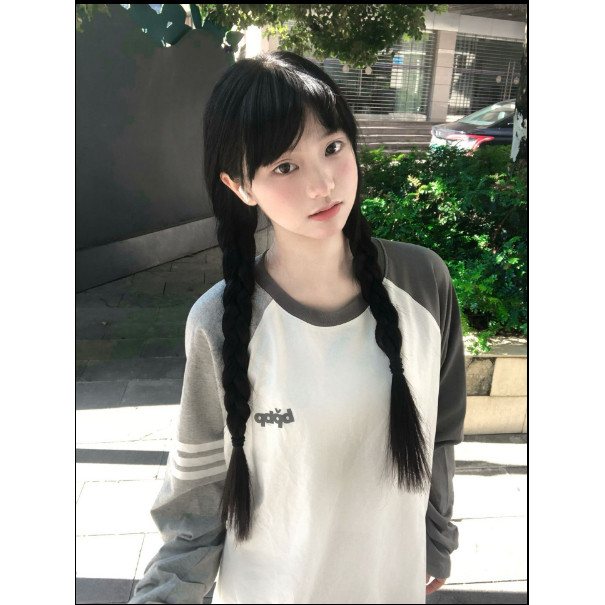 美式大童三条杠撞色插肩长袖t恤新款初中高中学生宽松打底衫上衣