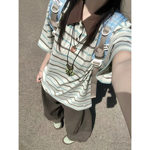 美式大童纯棉撞色条纹POLO衫女夏季初中高中学生短袖t恤宽松上衣