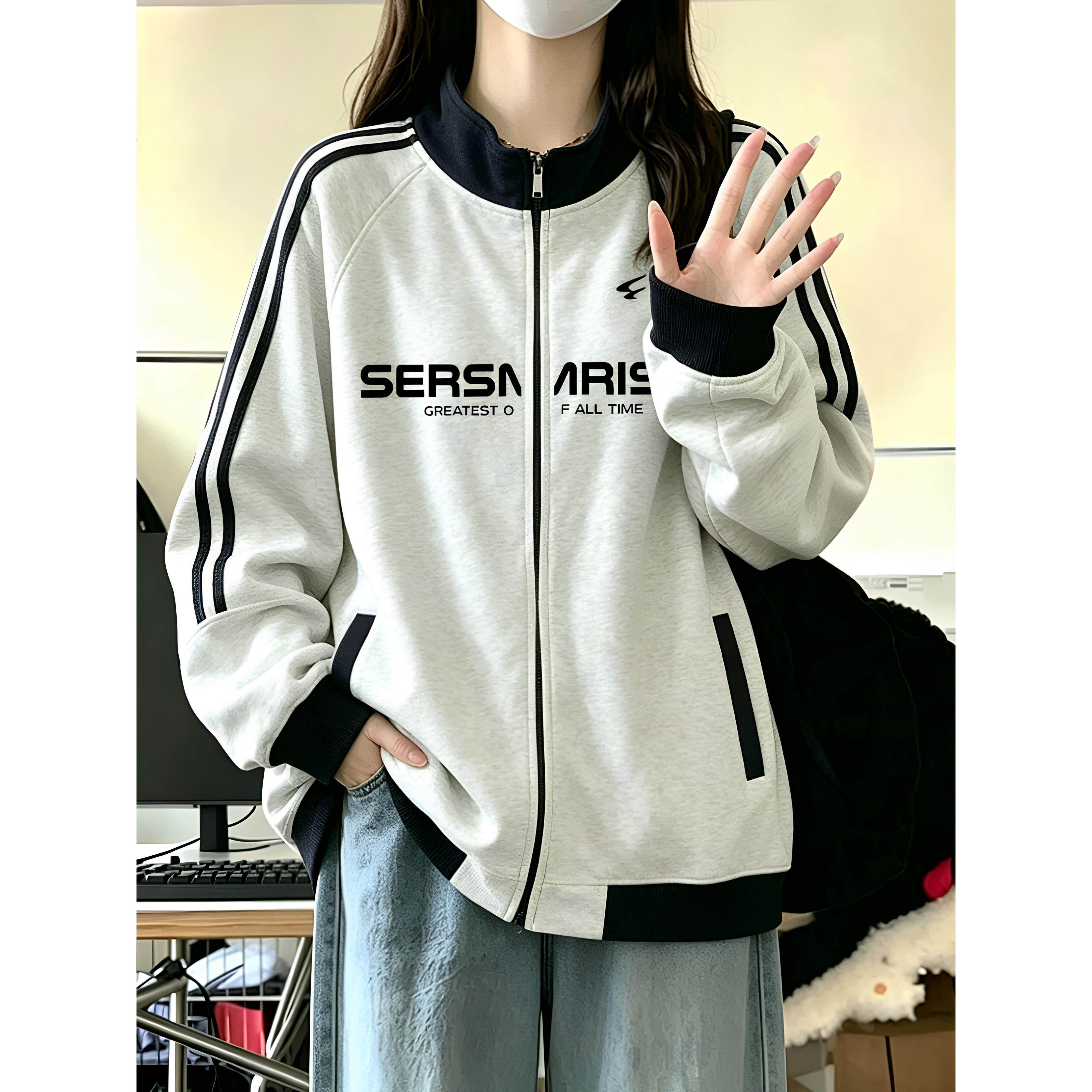 插肩三条杠立领开衫卫衣女大童春秋薄款初中高中学生宽松夹克外套