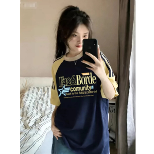 美式三条杠短袖t恤女大童夏季新款初中高中学生宽松纯棉半袖上衣