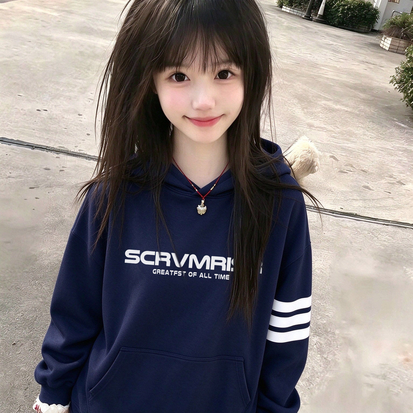 美式高街复古三条杠连帽卫衣女大童秋冬初中学生高中宽松加绒外套