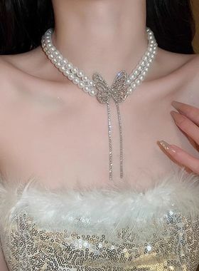 闪钻珍珠蝴蝶流苏项链女