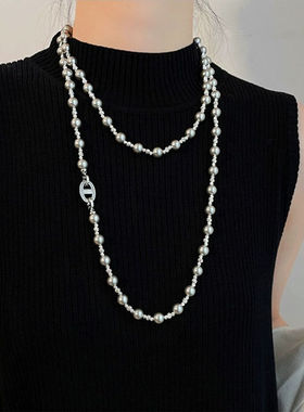 双层长款灰珍珠切花项链