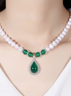 高品质淡水珍珠和田玉色项链女款锁骨链送妈妈婆婆长辈生日礼