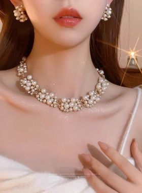 珍珠项链耳钉首饰套装女