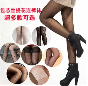 日系超薄提花连裤袜 夏爱心圆点蝴蝶结花纹显瘦 白色黑色丝袜裤