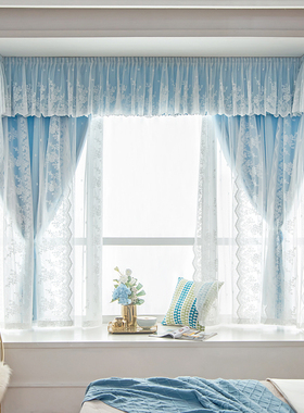 飘窗窗帘2025年新款卧室短款带拐角帘头韩式蕾丝纱布一体少女遮光